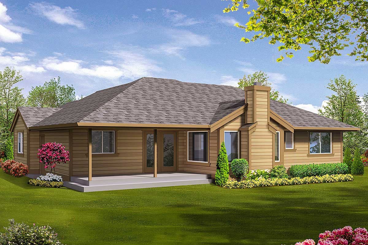 House plan exterior featuring a single-story Modern Ranch style with horizontal siding, a prominent stone chimney, and a covered patio.