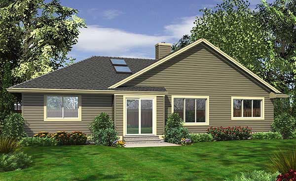 Ranch house plan exterior with gabled roof, two skylights, sliding glass doors, and multiple windows.