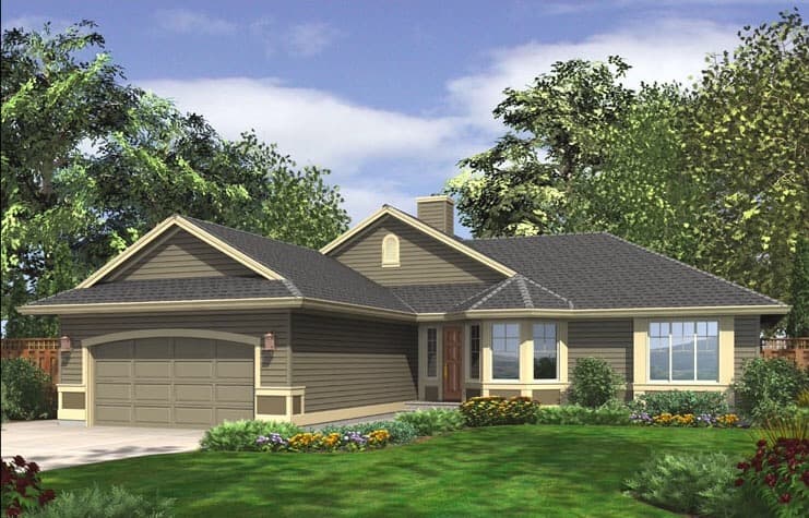 House plan exterior: Ranch style, single story, with attached garage, gable dormer, and bay window.