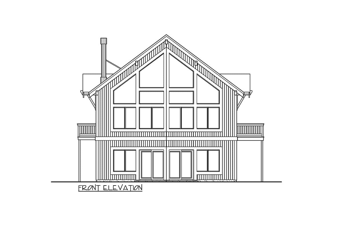 Front elevation of a two-story house plan with a gabled roof, large A-frame window, and deck.
