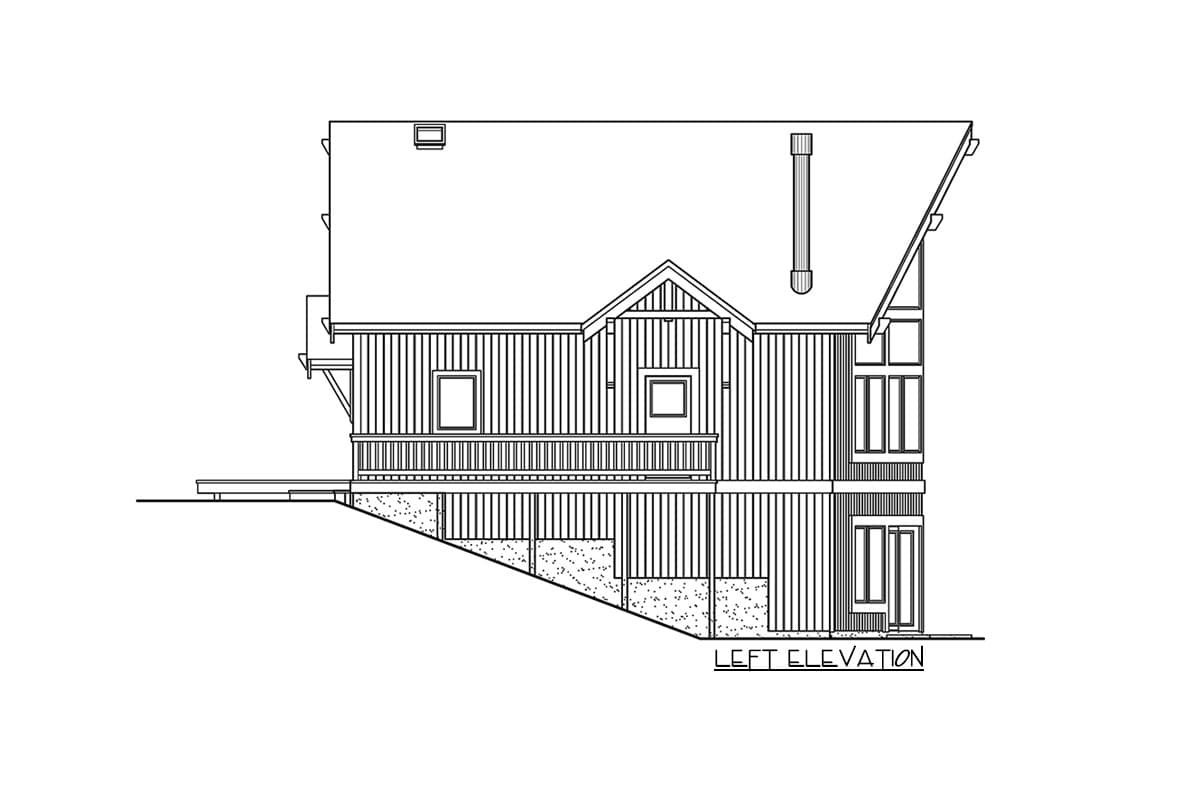 House plan left elevation drawing showing a sloped foundation, deck, vertical siding, gabled dormer, and chimney.