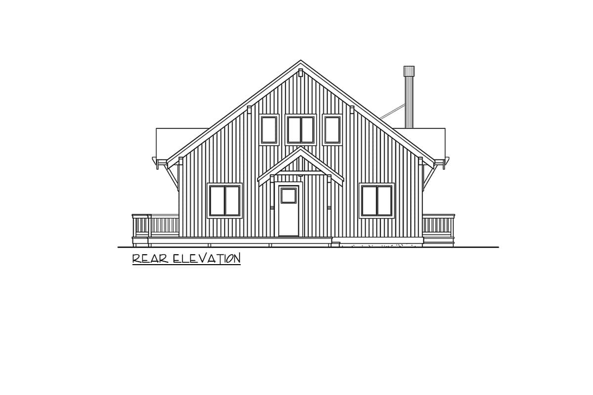 Rear elevation drawing of a house plan with a prominent gable roof, double hung windows, and a covered entry with a small porch.
