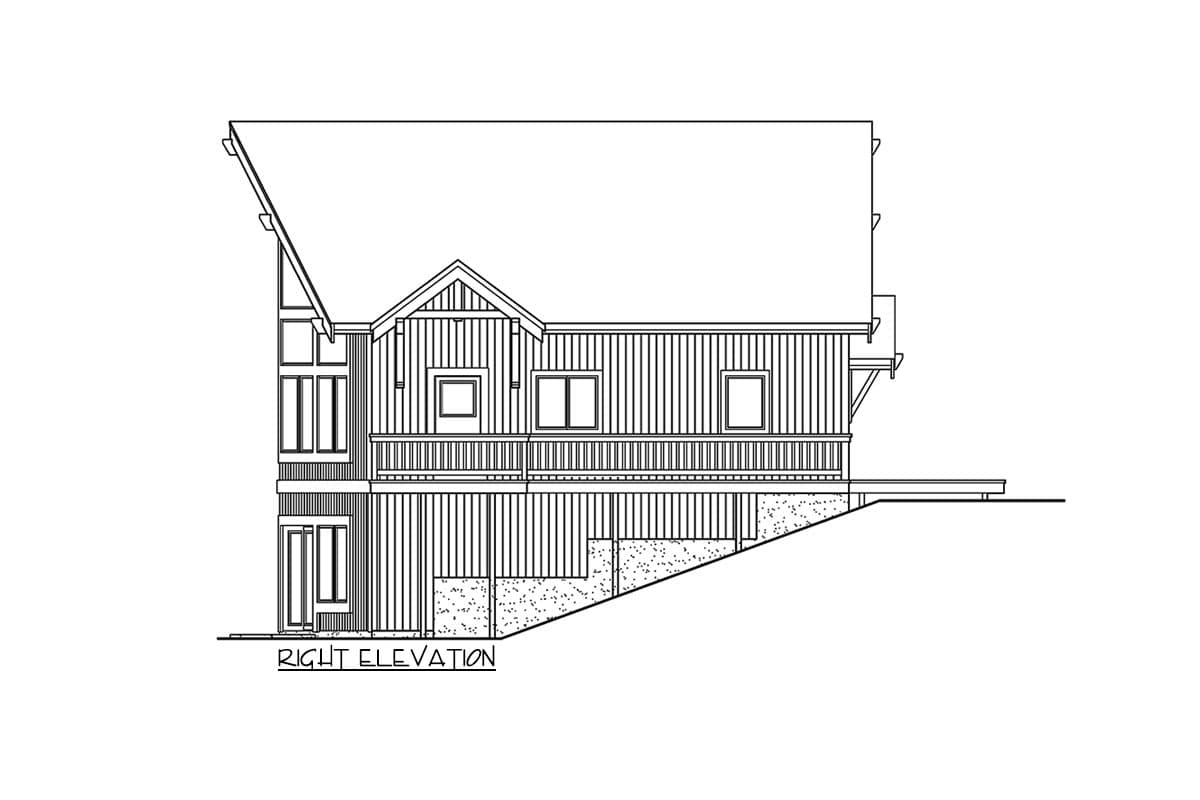 Right elevation house plan: multiple stories, steep roof pitch, wide siding, and deck.