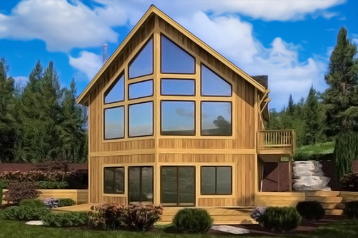 House plan exterior of a two-story modern home with a large gable window wall, wooden siding, and a deck.