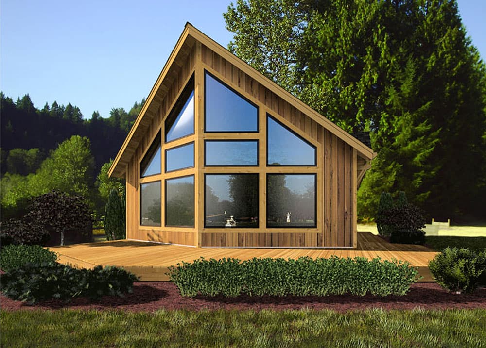 House plan exterior: Modern style A-frame home with a large triangular window wall and wooden deck.