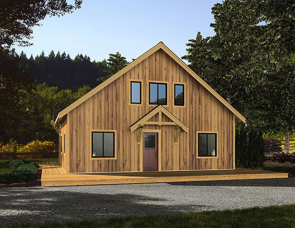 House plan exterior: Modern Farmhouse style, two stories, with a gable roof, prominent front gable, covered entry, and wrap-around deck.