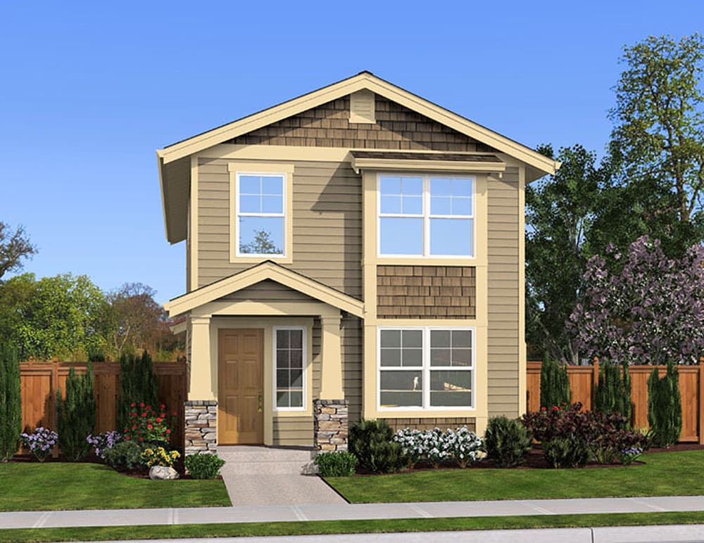 House plan exterior: Two-story home with a covered entry, stone-clad porch columns, and shingle and lap siding.