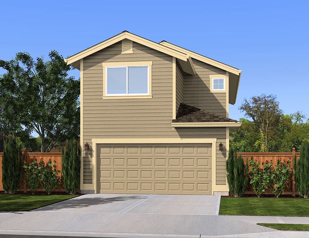 House plan exterior: two-story home with a two-car garage, large front gable, and horizontal siding.