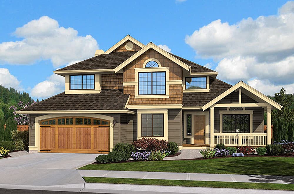 House plan exterior: two-story home with attached garage, gabled front porch, dormer windows, and mixed siding.