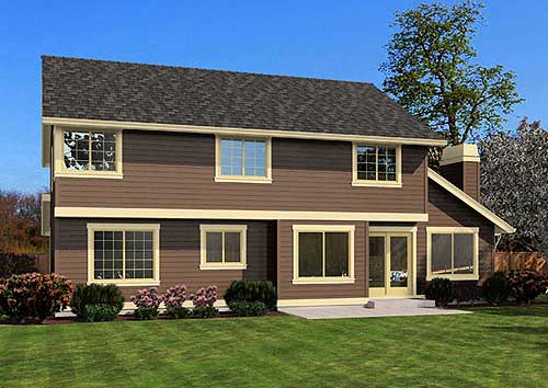 Two-story house plan exterior with brown horizontal siding, multiple windows, and a prominent gabled roof.