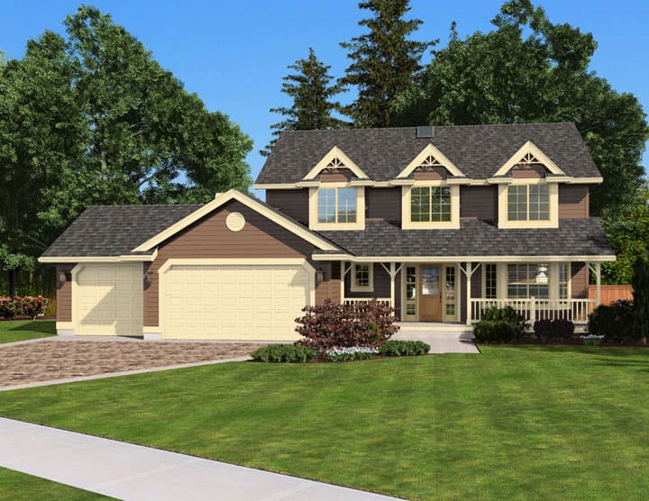 House plan exterior: Two-story home with a full front porch, three dormers, and a three-car garage.