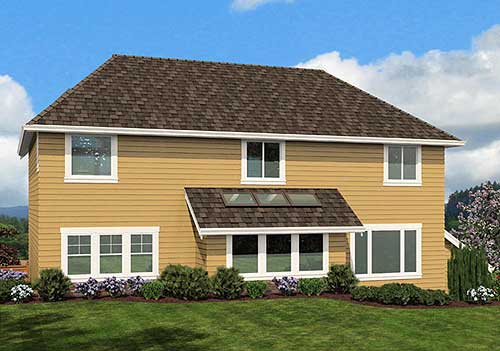 House plan exterior: two-story home with tan siding, prominent gable roof, and multiple window types.