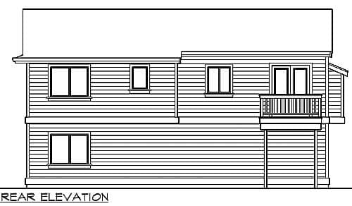 Rear elevation house plan with two stories, multiple windows, and a second-story deck with railing.