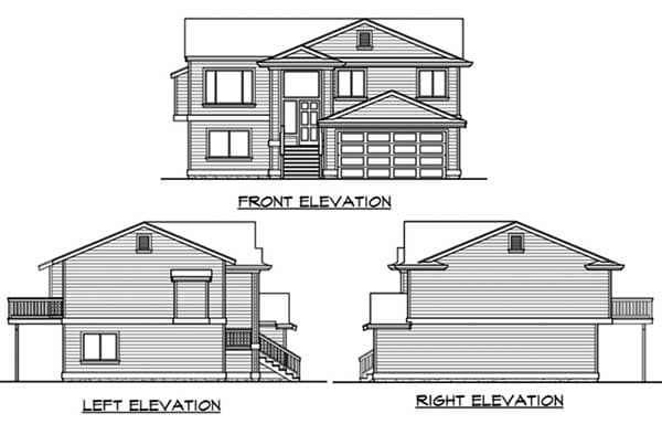 Front, left, and right elevations of a two-story house plan with a two-car garage, covered entry porch, and deck.