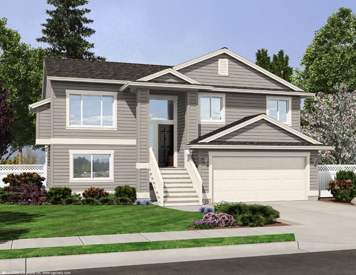 Two-story house plan exterior with a prominent front gable, double garage door, and raised entry staircase.