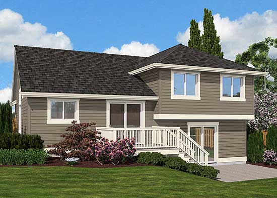 House plan exterior: Two-story home with a prominent front-facing gable, white deck with railing, and multiple windows.
