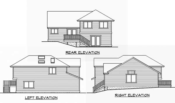 Floor plan house elevations: rear, left, and right views showing a two-story structure with a deck and multiple windows.