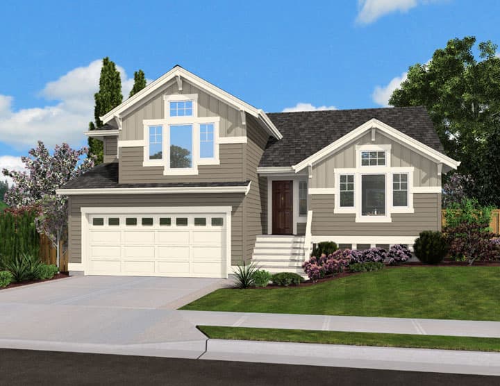 House plan exterior: Two-story Modern Craftsman style with a covered entry, dormers, gables, and a two-car garage.