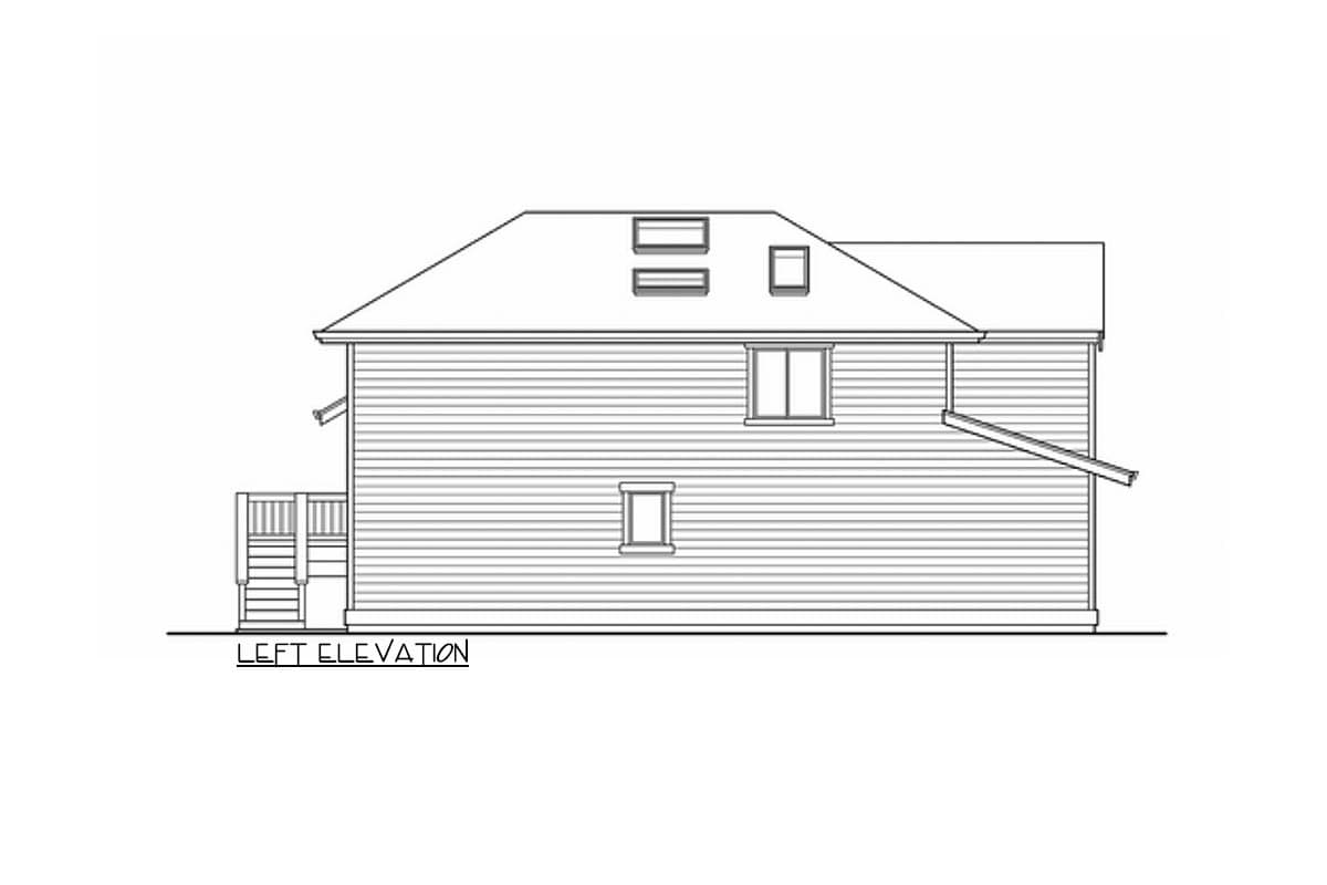 Left elevation drawing showing siding, a deck with stairs, and two roof dormers.