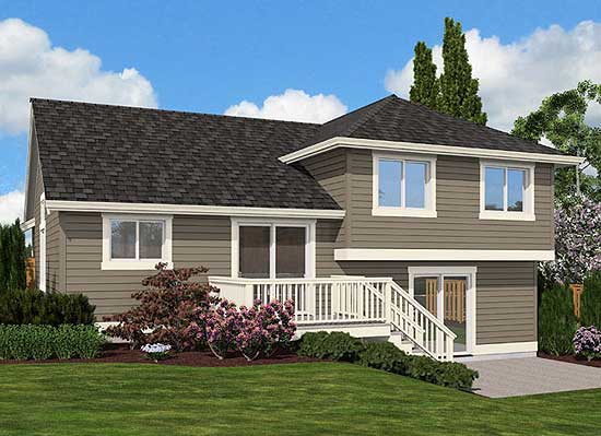 House plan exterior: Two-story home with horizontal siding, a gable roof, and a prominent front deck with stairs.