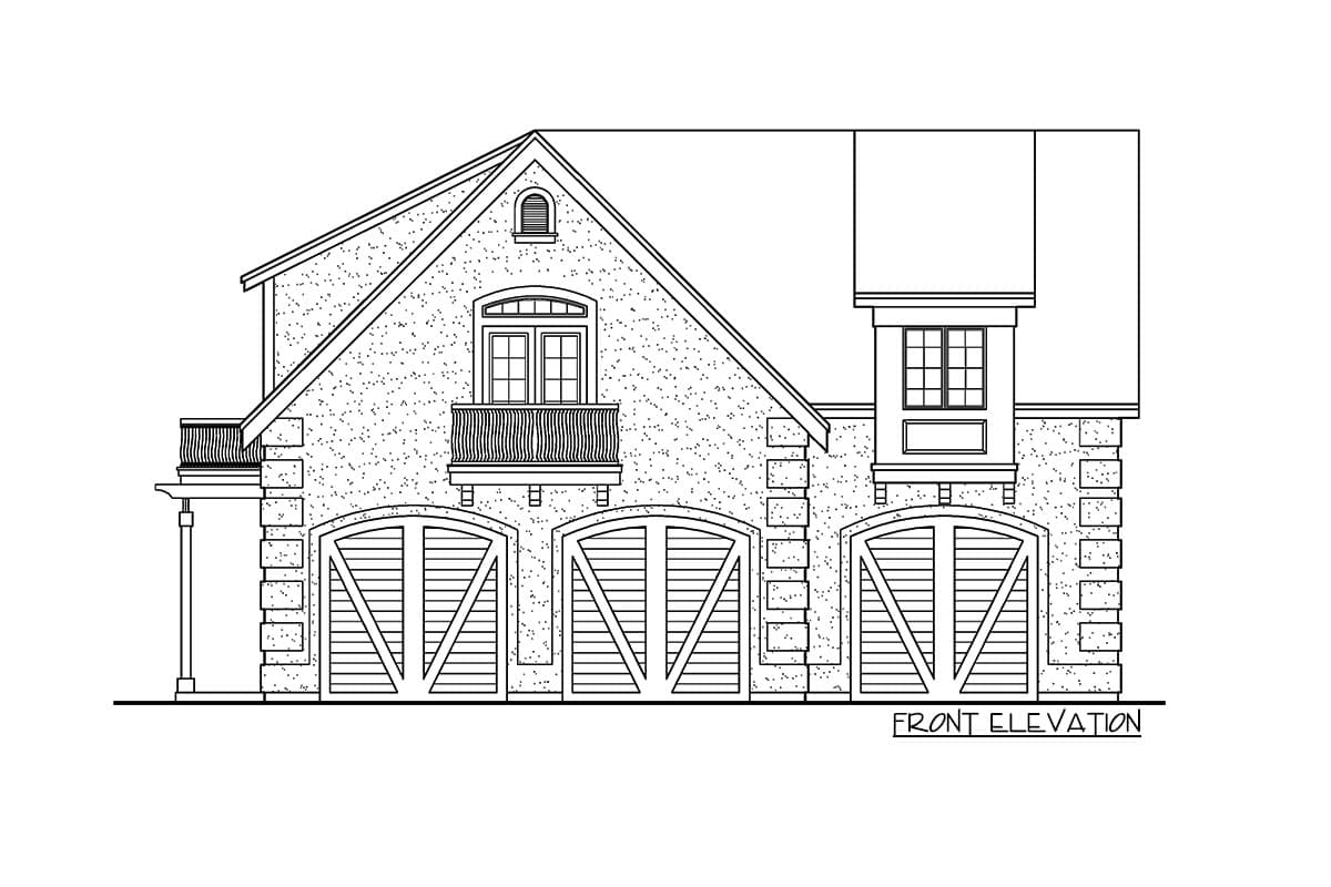Front elevation house plan with three arched garage doors, a dormer, and a small balcony.