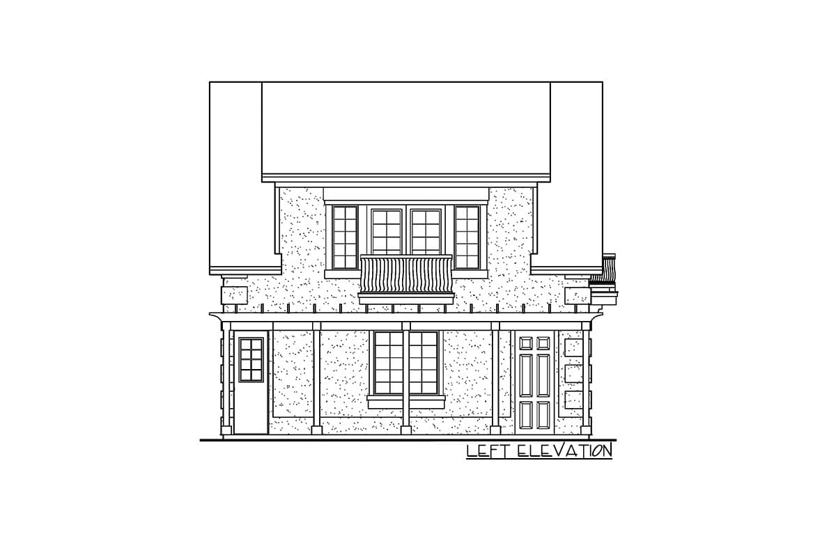 House plan left elevation with covered porch, balcony above, and two front doors.
