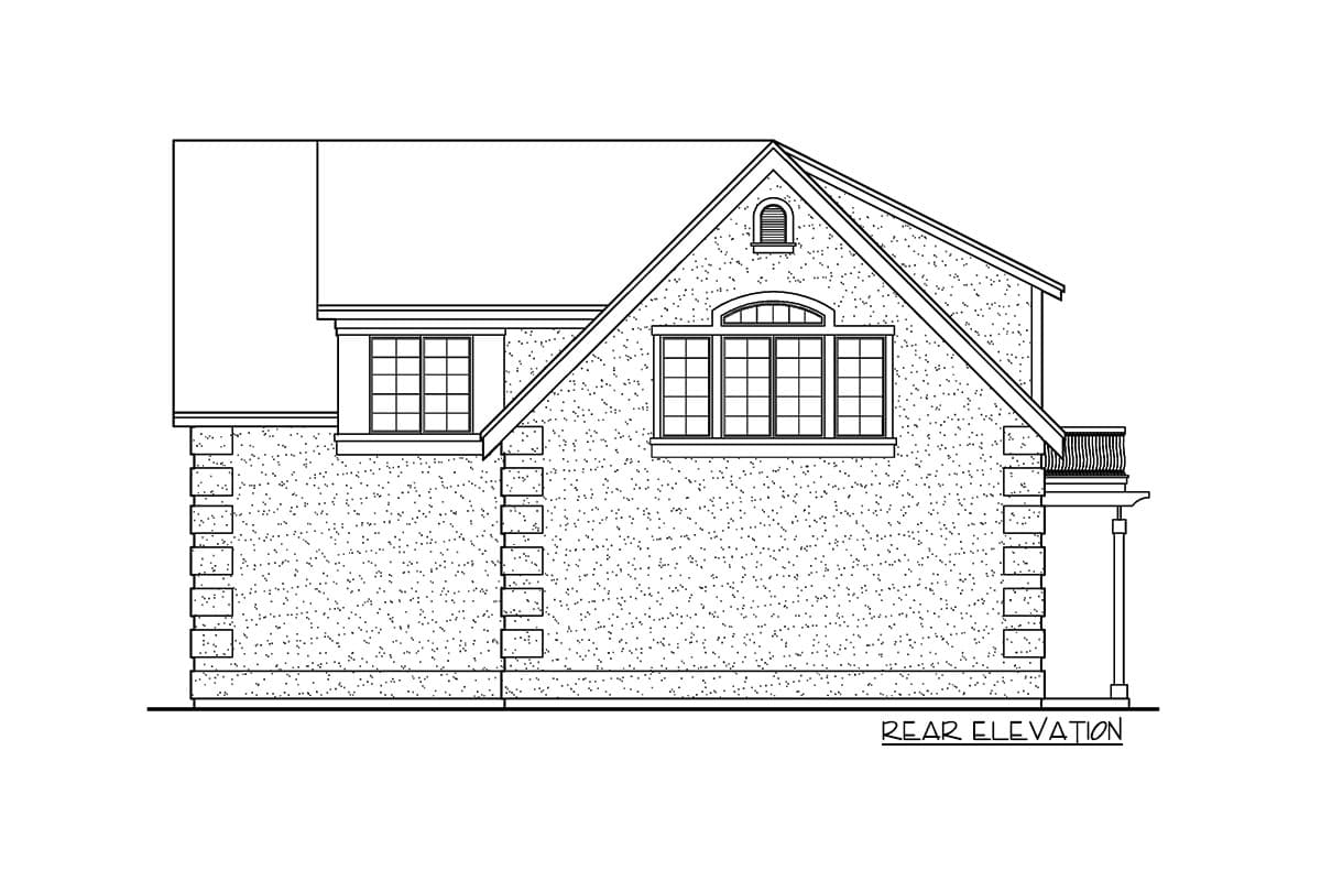 Rear elevation drawing of house plan with brick detailing, multiple windows, and a small balcony.