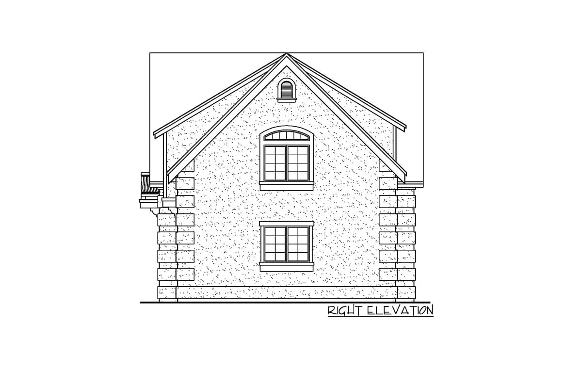 Right elevation house plan. Two-story, pitched roof with dormer window, arched upper window, and stone foundation.