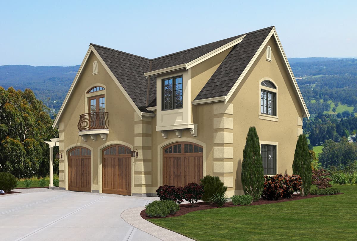 House plan exterior featuring a stucco finish, dormer, arched garage doors, and a balcony with decorative railing.