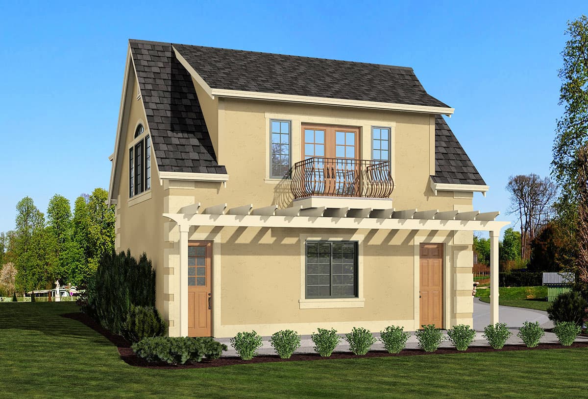 House plan exterior: Two-story stucco home with a mansard roof, arched gable window, balcony, and pergola over two doorways.