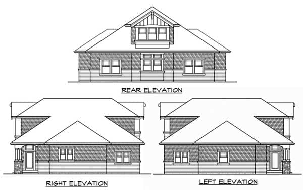 Architectural house plan showing front, rear, left, and right elevations with a prominent dormer on the rear.
