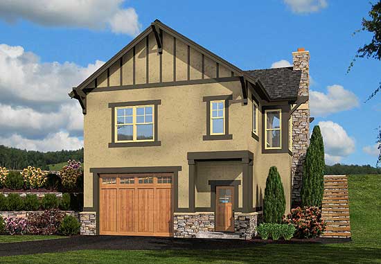 House plan exterior: Two-story home with a gable roof, wood garage door, stone accents, and a prominent stone chimney.