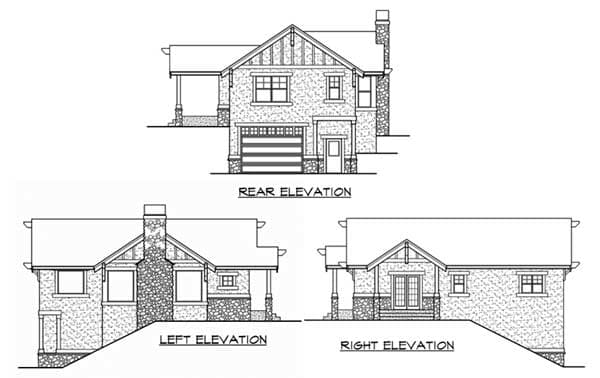 House plan elevations: rear view shows garage and covered porch; left and right views show gables, stone accents, and windows.