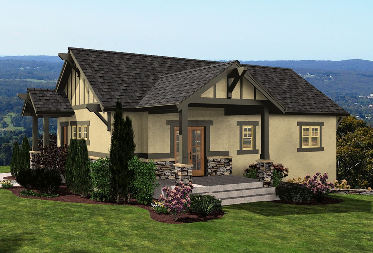 House plan exterior: Craftsman-style, one-story home with stone accents, a covered entry porch, and decorative timber framing.