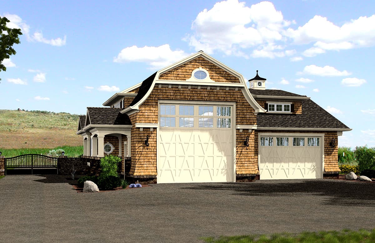 House plan exterior of a two-story home with a Gambrel roof, shingle siding, and a three-car garage.
