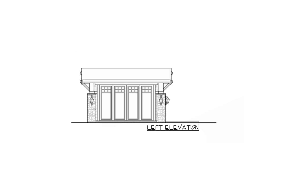 Left elevation of a house plan showing a wide garage door with four panels, stone-clad pillars, and exterior lights.