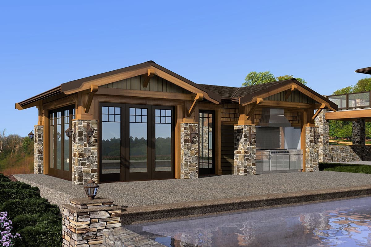 House plan exterior: Single-story structure with stone accents, wood trim, exposed rafter tails, multiple gables, and an outdoor kitchen.