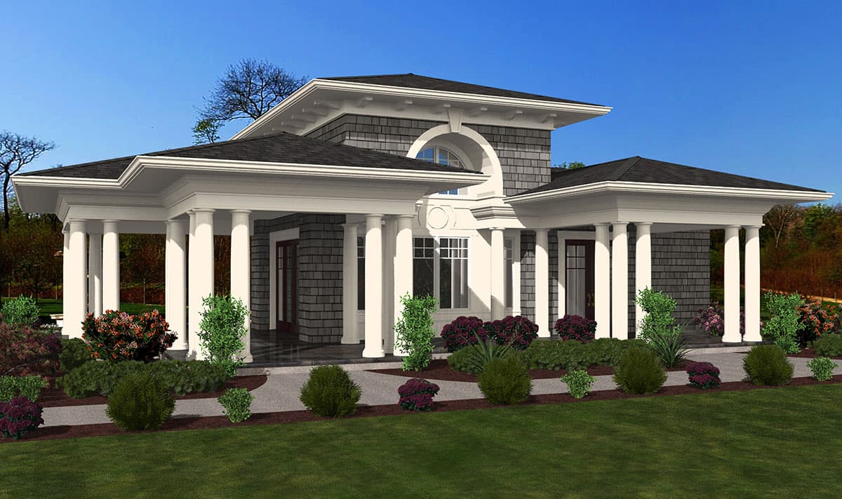 House plan exterior. Contemporary style with a prominent portico supported by Tuscan columns, hip roof, and segmented arch dormer.