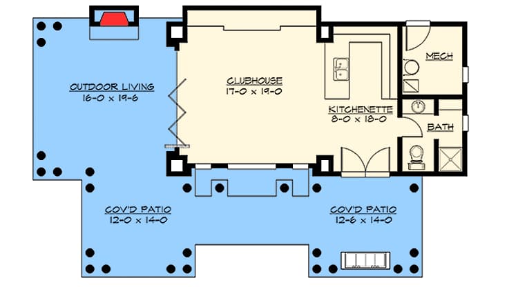 Plan 23452JD: Poolhouse with Outdoor Spaces - Floor Plan - Main Level - Cottage, Shingle, Vacation