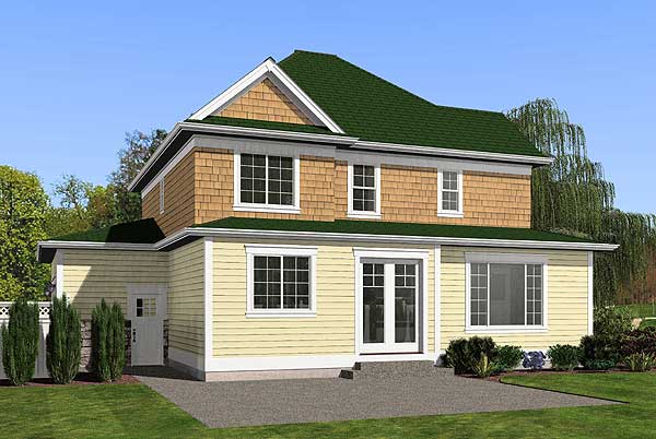 House plan exterior, two stories, wood shingle siding, green roof, double door, and garage.