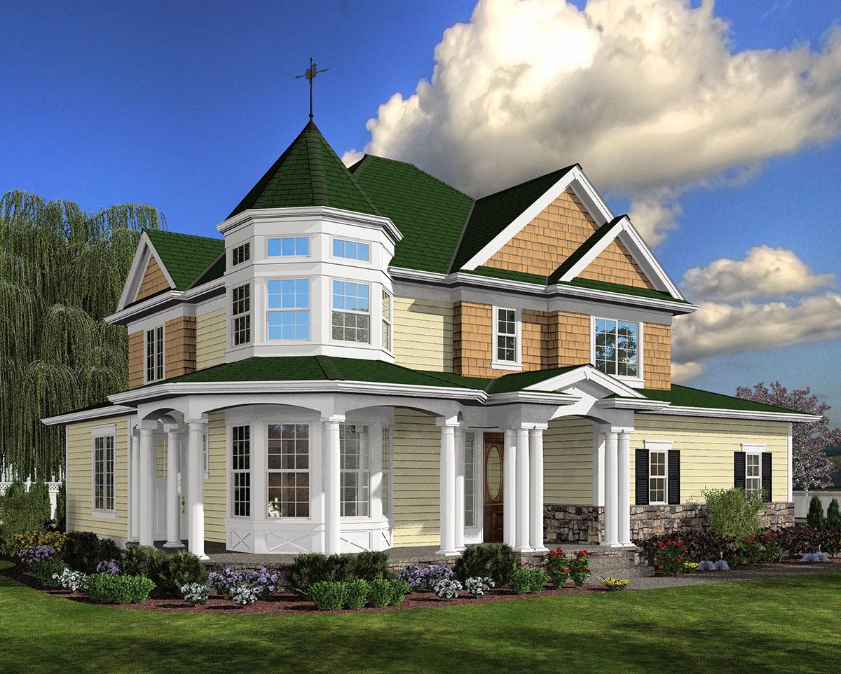 House plan exterior: two-story home with prominent turret, wraparound porch, gable rooflines, and shingle accents.