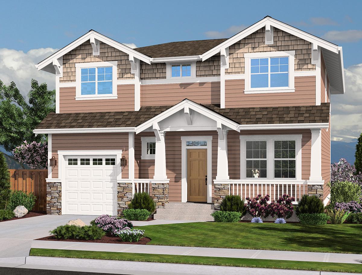 Two-story house plan exterior with gabled dormers, stone-clad base, covered front porch, and attached garage.