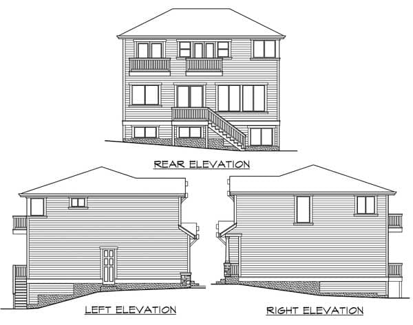 Rear, left, and right elevation drawings of a three-story house plan featuring multiple balconies and a hip roof.