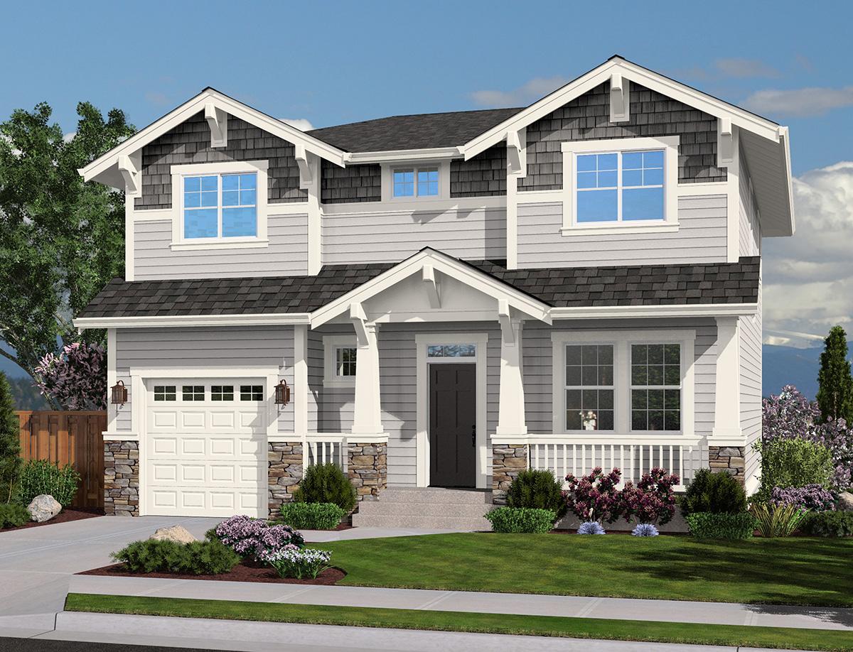 Craftsman style two-story house plan with prominent gables, decorative brackets, covered front porch, and stone accents.