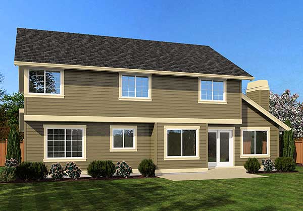 Two-story house plan exterior with horizontal siding, multiple windows, a gabled roof, and a prominent chimney.