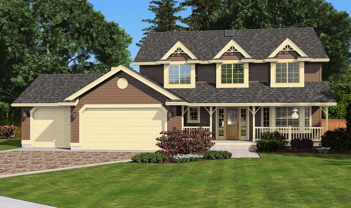 House plan exterior: Two-story home with a three-car garage, prominent gables, and a covered front porch with white railings.