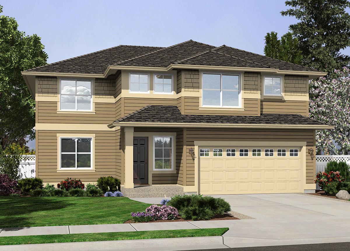 Two-story house plan exterior with hip roof, covered entry porch, and double garage.