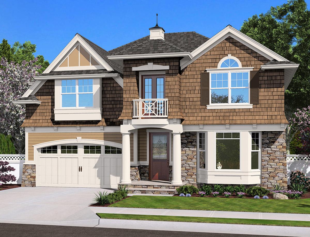 House plan exterior: two-story home with shingle siding, stone accents, gables, bay window, and two-car garage.