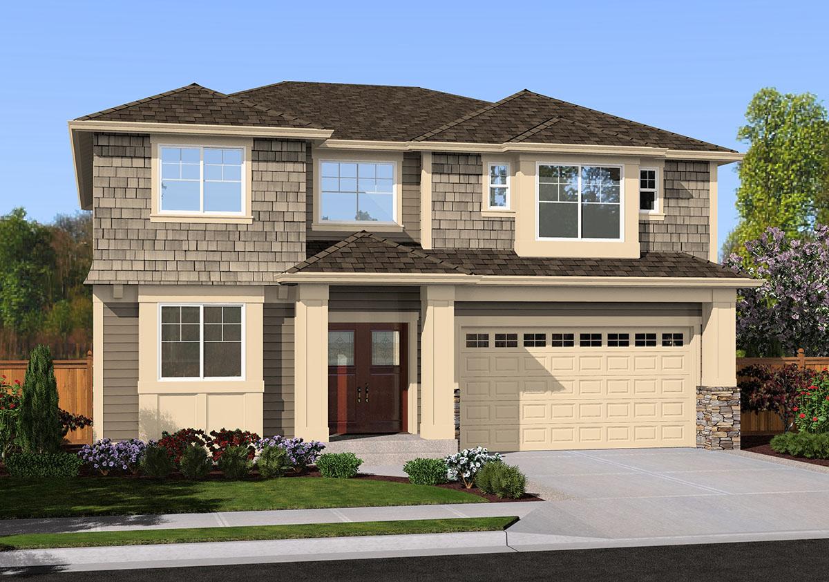 House plan exterior: two-story home with multi-level roof, covered entry, and a two-car garage.