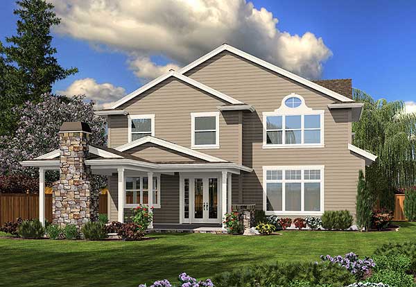 Two-story house plan exterior featuring a stone chimney, covered porch, gabled rooflines, and arched dormer.
